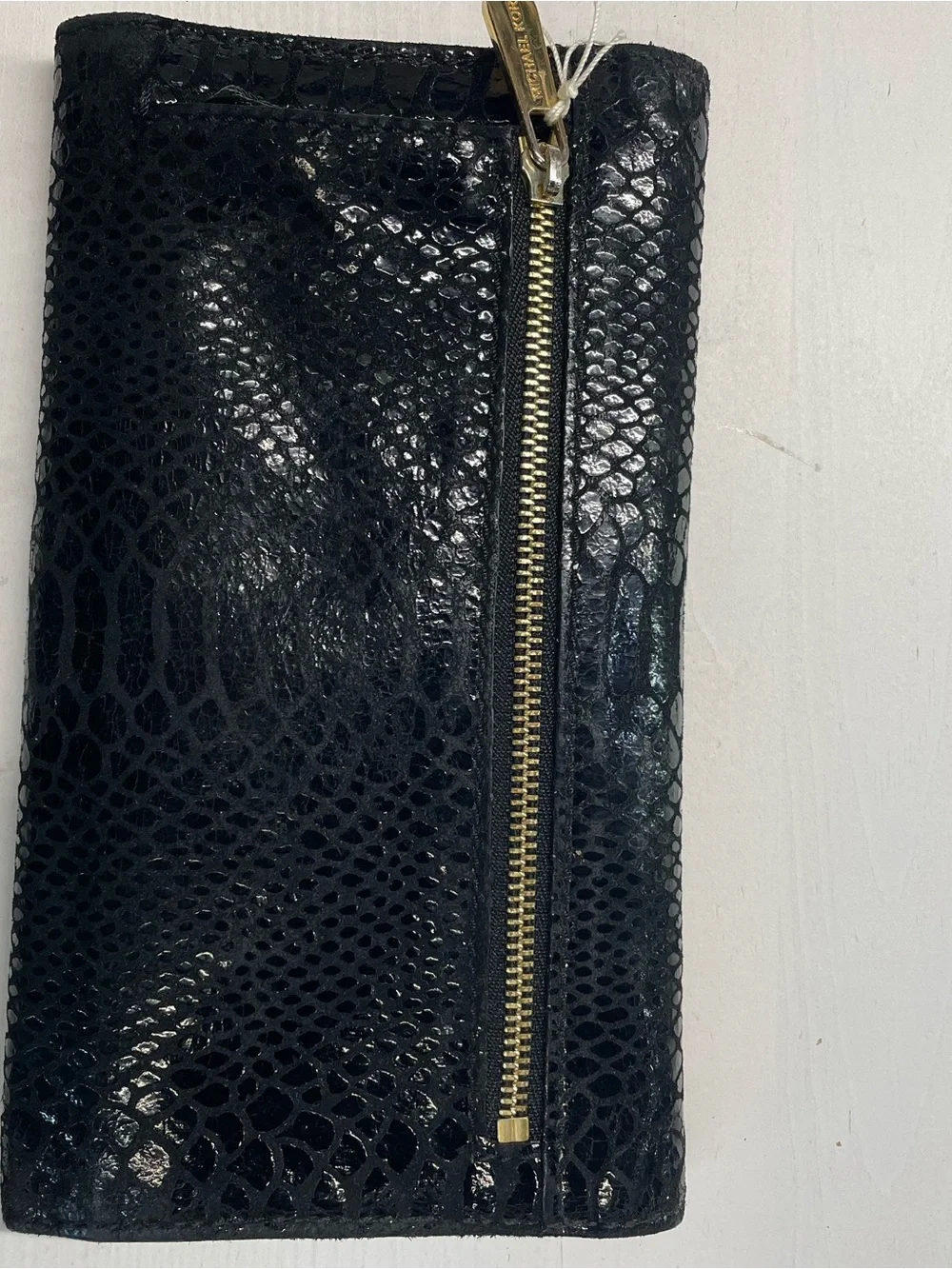 Michael Kors Black Snakeskin Embossed Wallet Clutch Zip Organizer Gold plaque